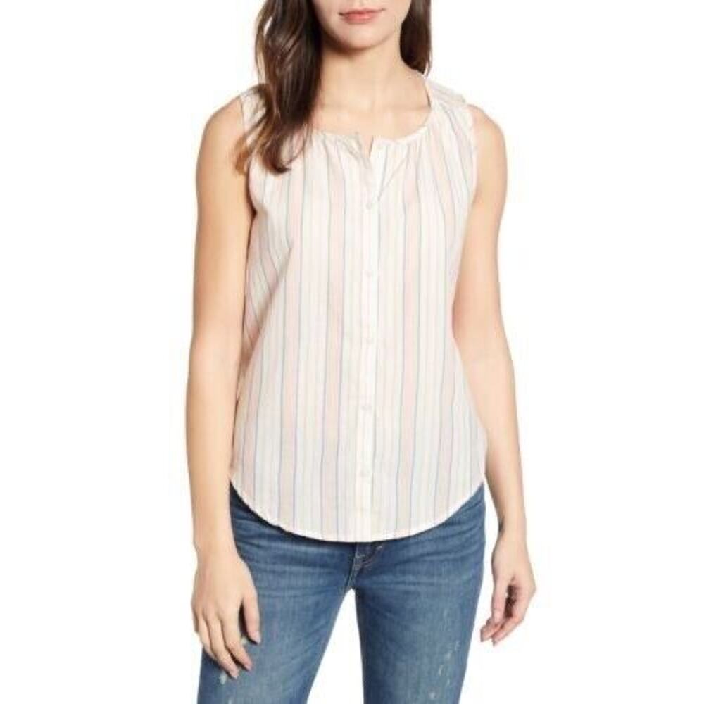 Lucky Brand Size L Top Lightweight Cotton Striped Blue Peach - Picture 3 of 10